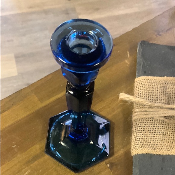 Fenton Cobalt Blue Glass Candlestick Holder - Tall Hexagonal Base - Picture 3 of 4